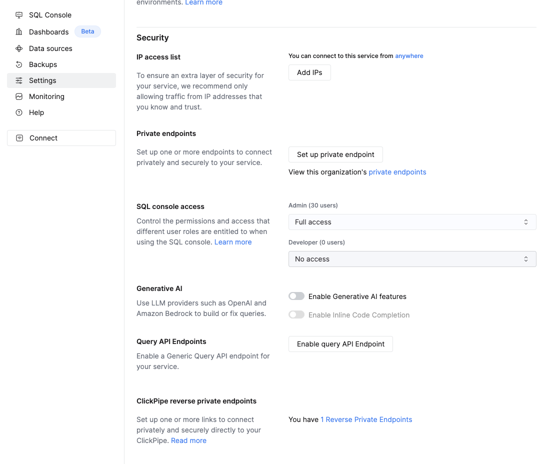 ClickHouse Cloud settings - Zoomed