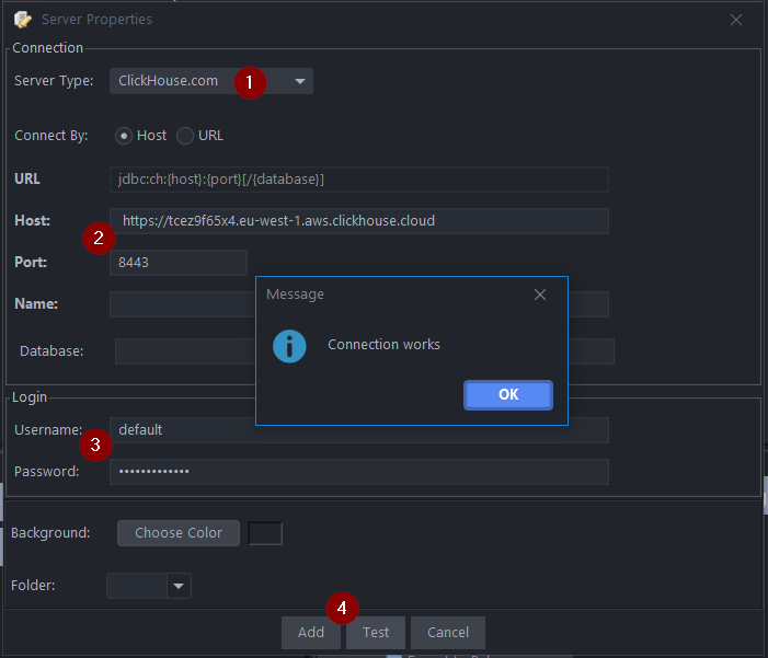 QStudio database connection configuration screen showing ClickHouse connection settings - Zoomed