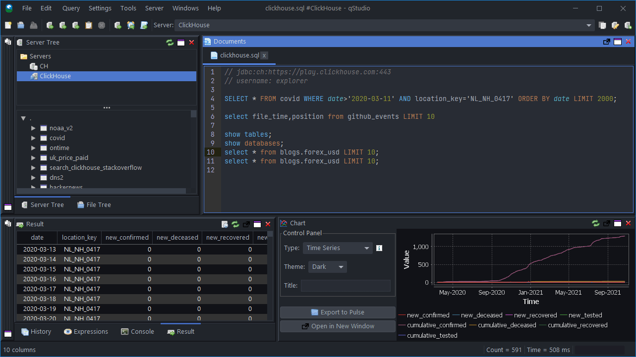 QStudio interface showing sample SQL query execution against ClickHouse database - Zoomed